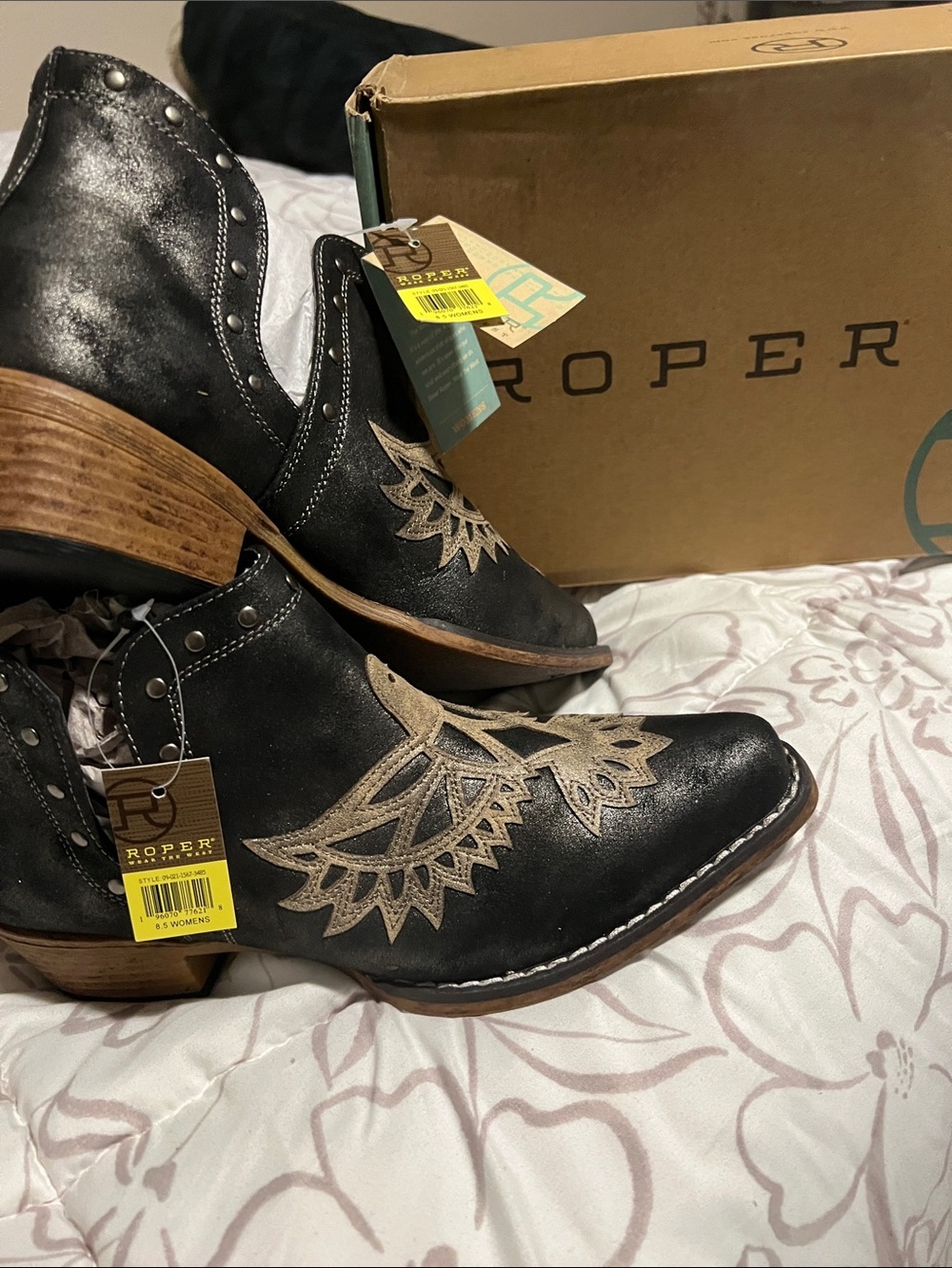 Roper Black Ankle Booties with Tan Embroidery